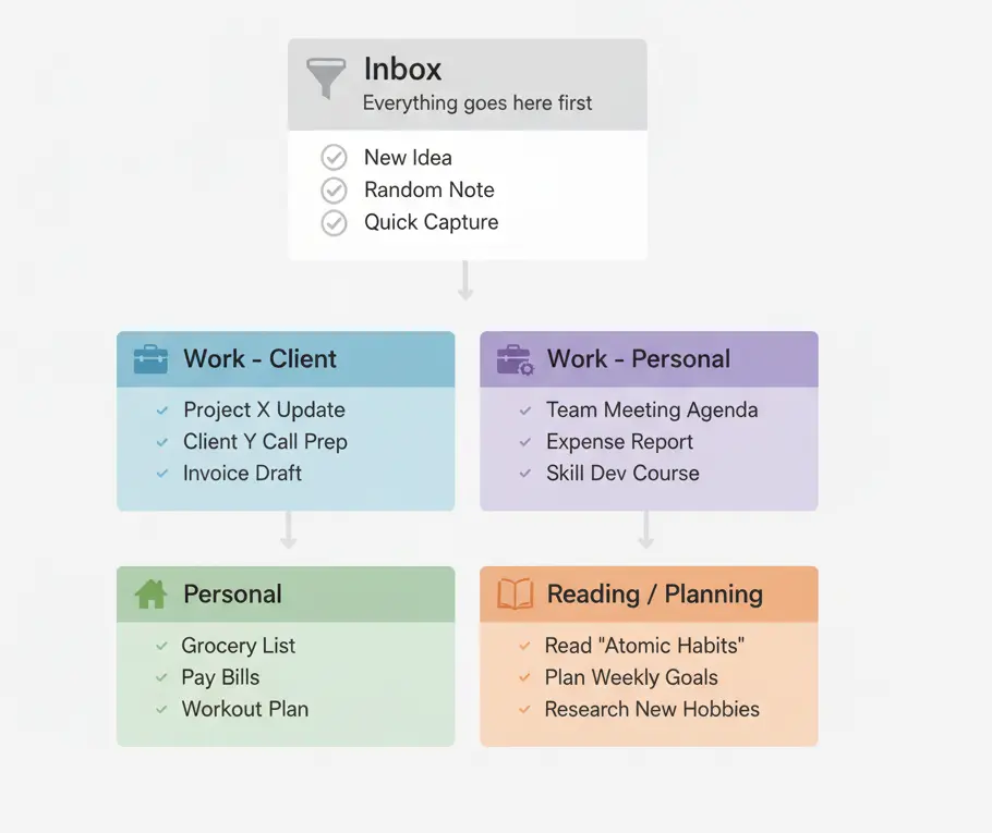 Task Management Flowchart showing Inbox flowing to Work-Client, Work-Personal, Personal, and Reading/Planning lists
