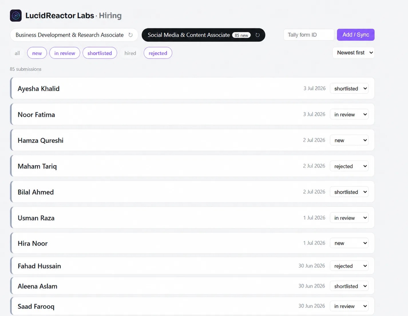 The hiring dashboard: Tally form submissions listed per position, each applicant with a pipeline status dropdown (new, in review, shortlisted, hired, rejected) and a sync button