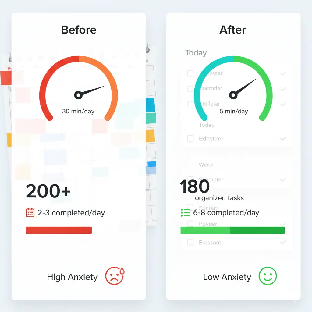 Before and after comparison showing task management transformation: 30 min/day reduced to 5 min/day, 200+ tasks to 180 organized, 2-3 to 6-8 tasks completed per day