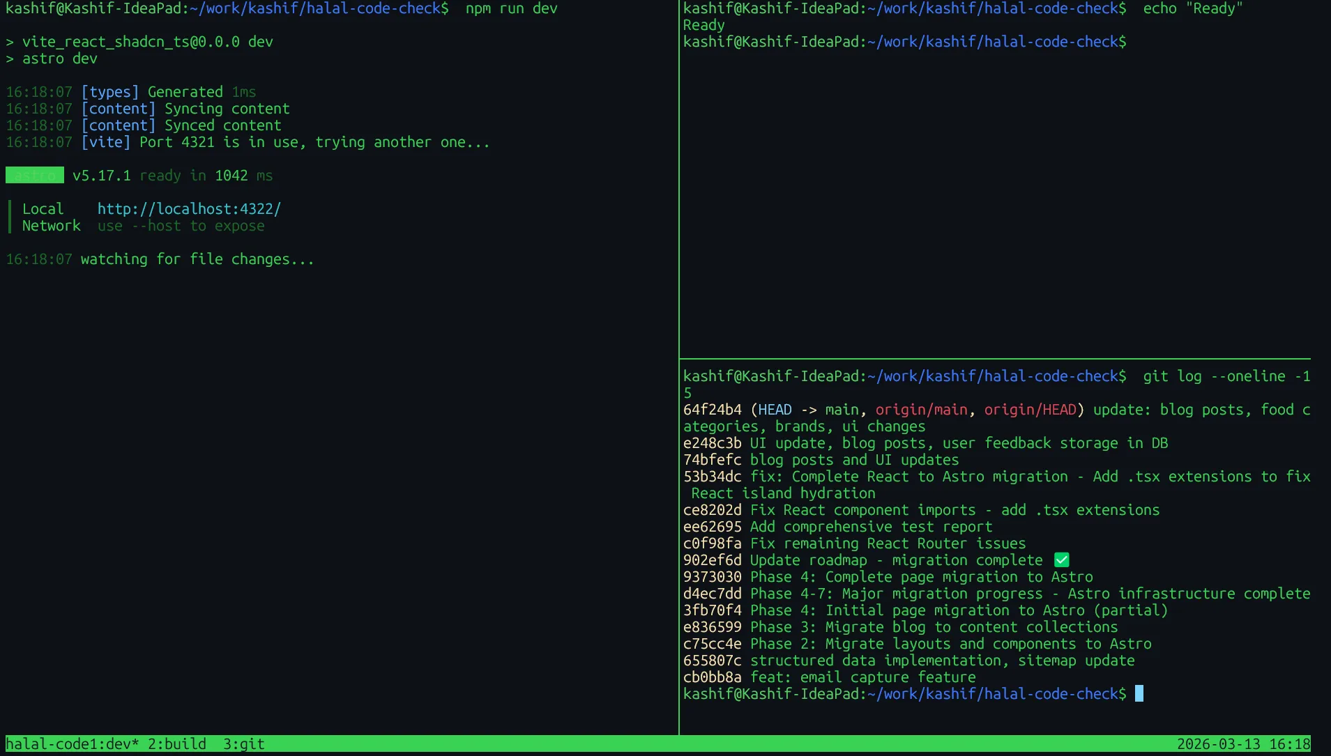 tmux terminal session with dev server running on the left and git log on the right