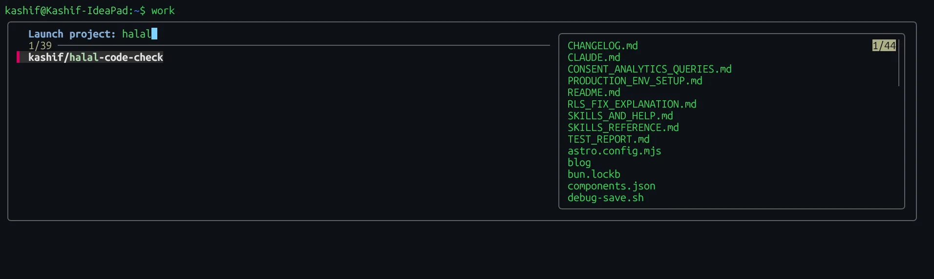 Running work launches a searchable list of all available tmux project configs