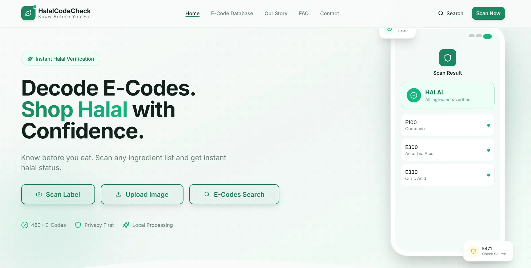 Halal Code Check app interface showing halal ingredient lookup