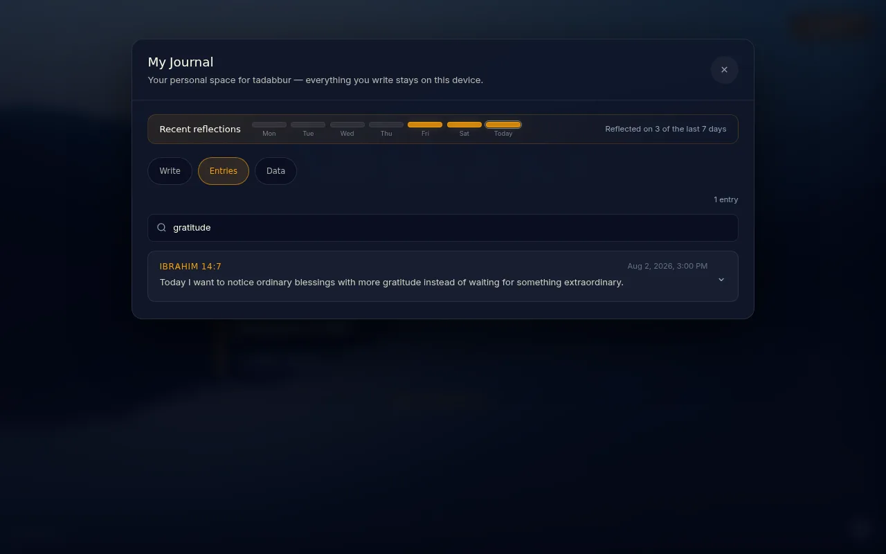 Tadabbur journal entries tab with search showing a saved reflection with its ayah reference