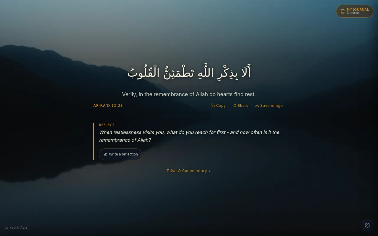 Tadabbur new tab with Arabic ayah, translation, reflection question, and My Journal button