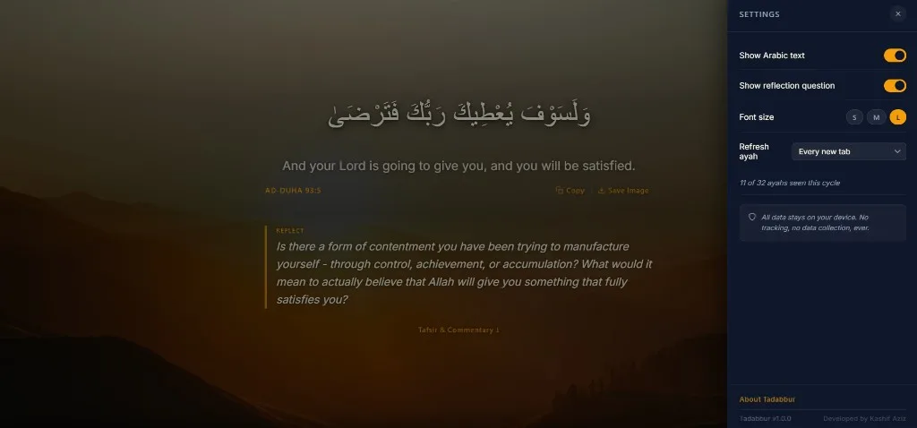 Tadabbur Chrome extension sidebar showing reflection settings and privacy messaging